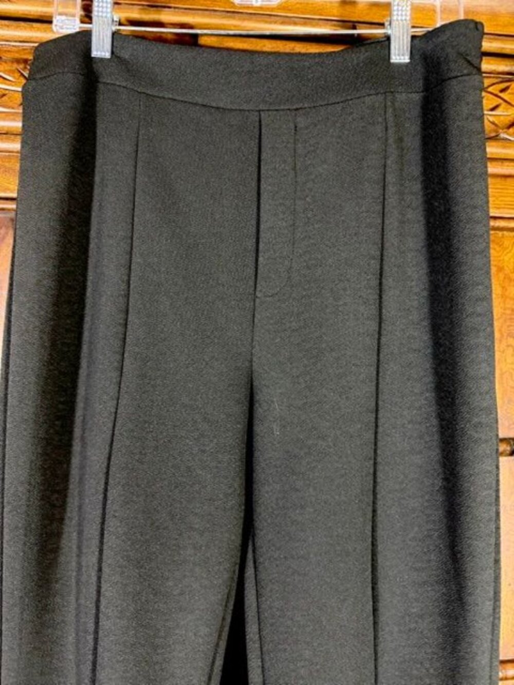 Shein Black Feather Trim Front Seam Front Slit Stretch Crepe Pant - Picture 3 of 10